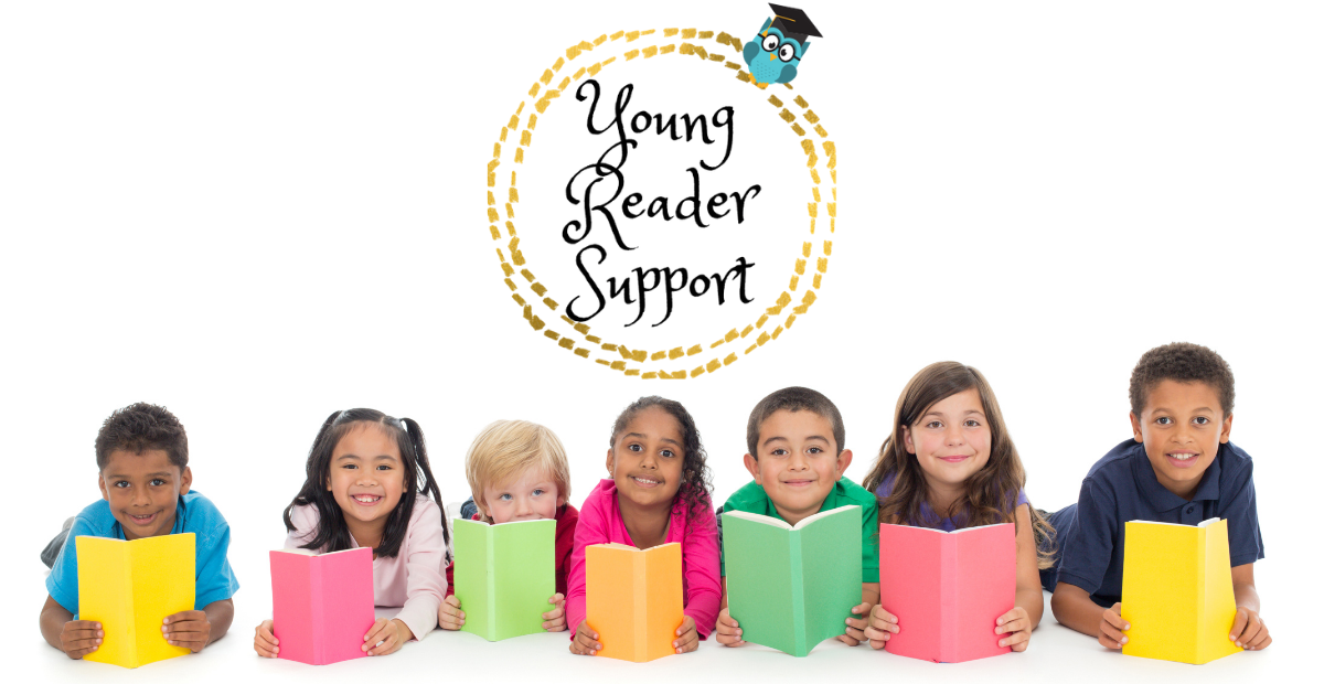 Young Reader Support logo above a row of smiling children reading colorful books
